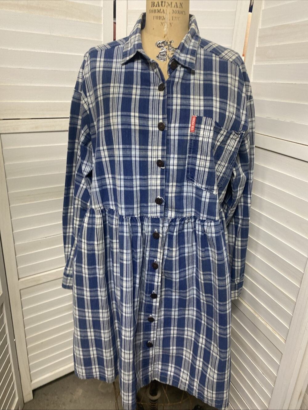 Vintage Blue 90s Cotton Plaid Babydoll Dress Farmer’s Daughter Cowboy Large
